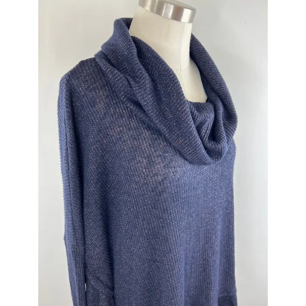 Anthropologie Postmark Blue Metallic Rib Knit Cowl Neck Relaxed Sweater XS